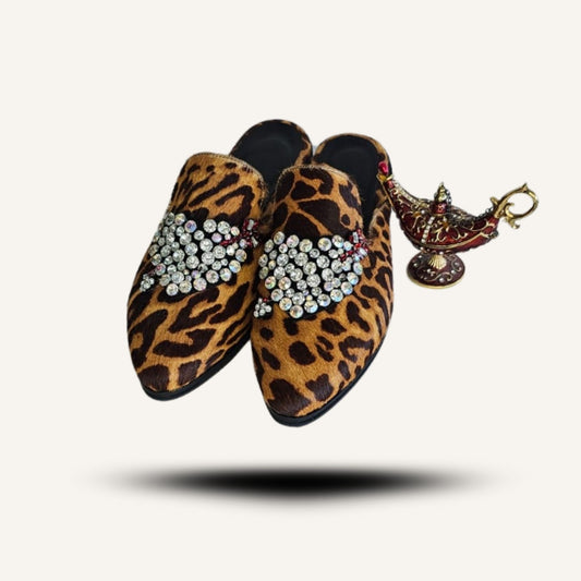 Babucha leopar pelo cristal.