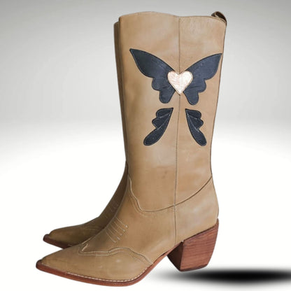 Bota Butterfly Cuero  Beige y Negro